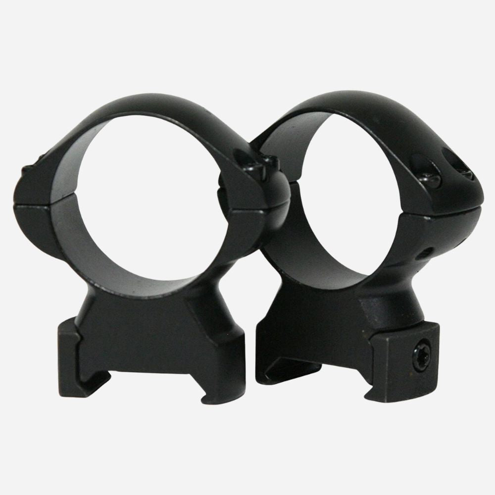 Black rifle scope rings on a white background