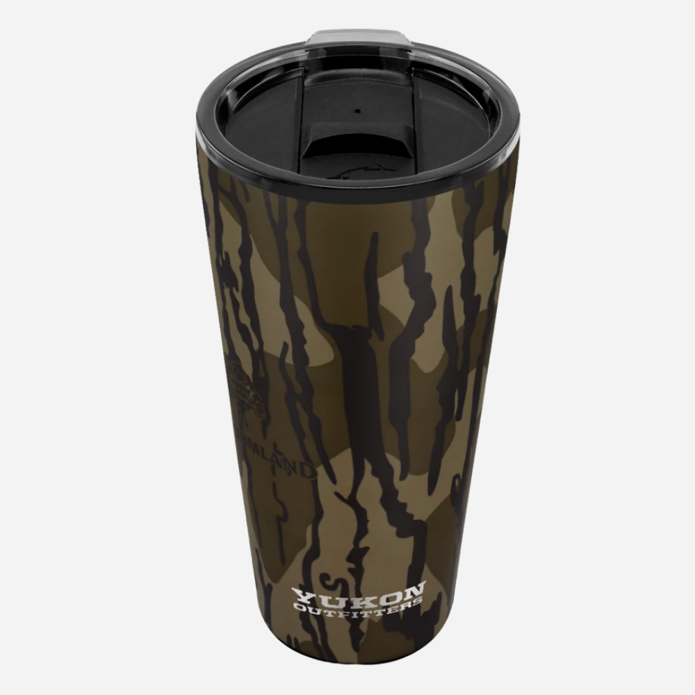 Camouflage-patterned tumbler with 'Yukon Outfitters' branding on a white background