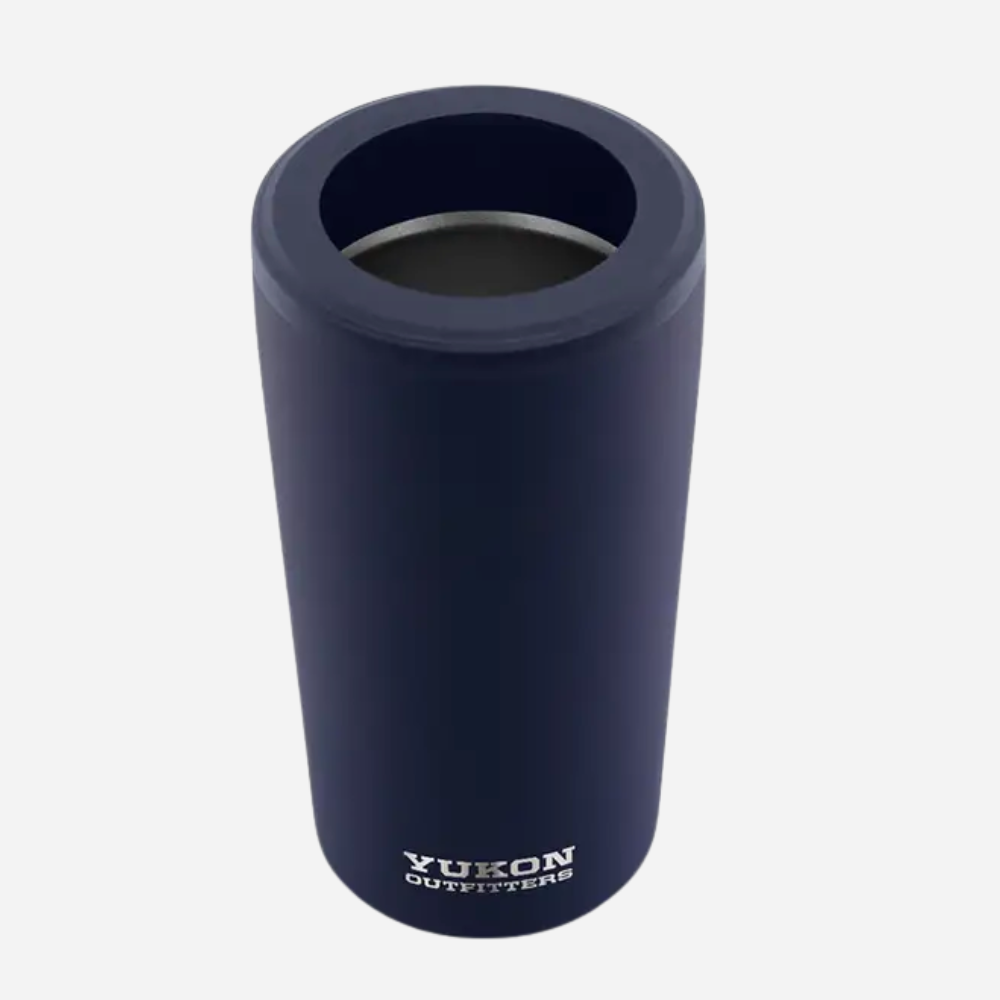 Navy blue tumbler with 'Yukon Outfitters' branding on a white background