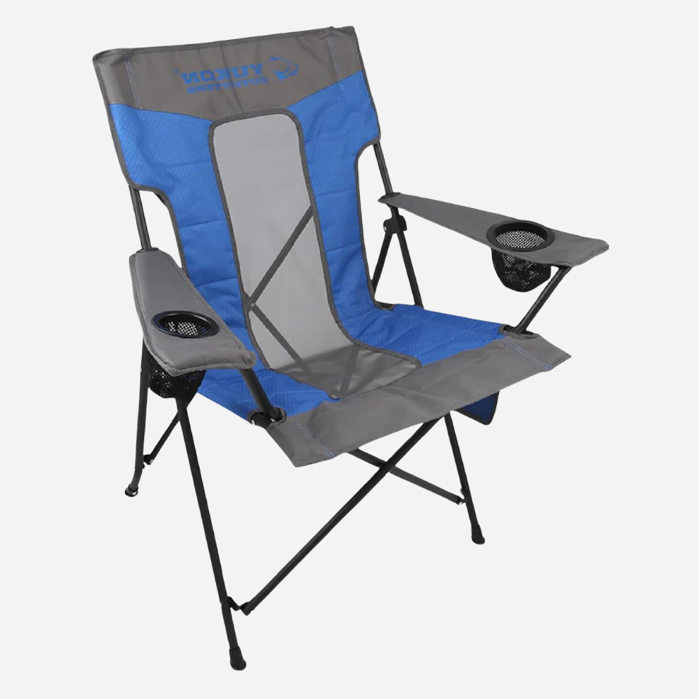 Blue and gray camping chair with cup holders on a white background