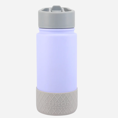 Purple insulated bottle with gray lid and base on a white background