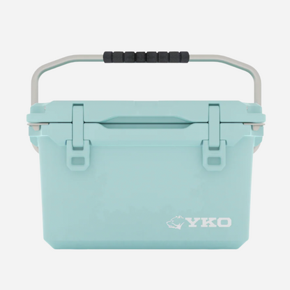 Light blue cooler box with YKO logo on a white background