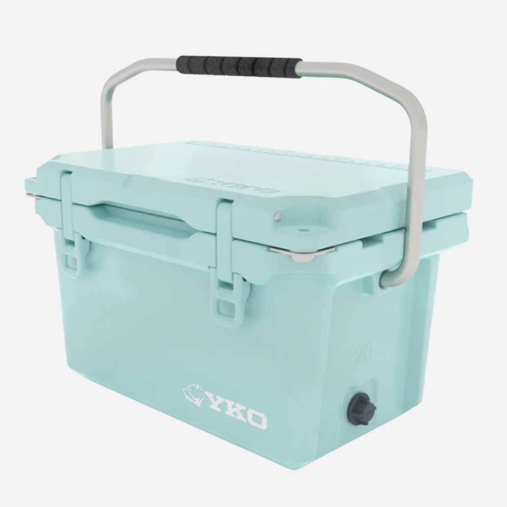 Light blue cooler box with YKO branding on a white background