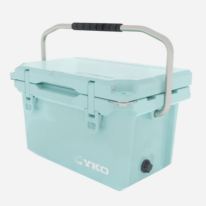 Light blue cooler box with YKO branding on a white background