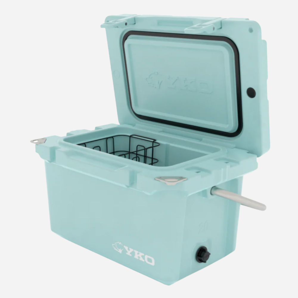 Light blue cooler box with open lid on a white background