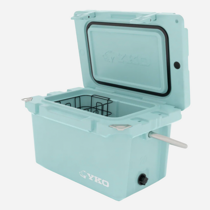 Light blue cooler box with open lid on a white background