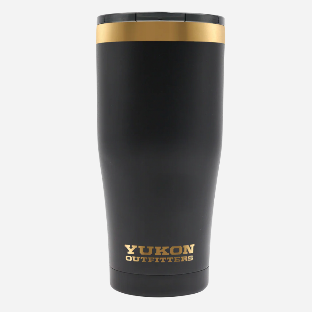 Black tumbler with gold rim and 'Yukon Outfitters' logo on a white background