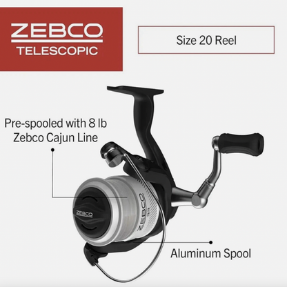 Zebco telescopic fishing reel with features highlighted on a white background