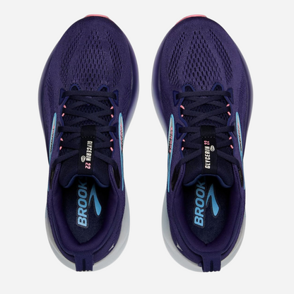 Pair of purple running shoes with 'Brook' branding on a white background