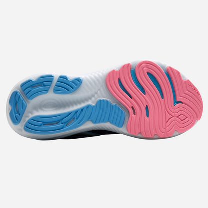 Close-up of a shoe sole with pink and blue patterns on a white background