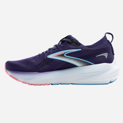 Navy running shoe with colorful accents on a white background
