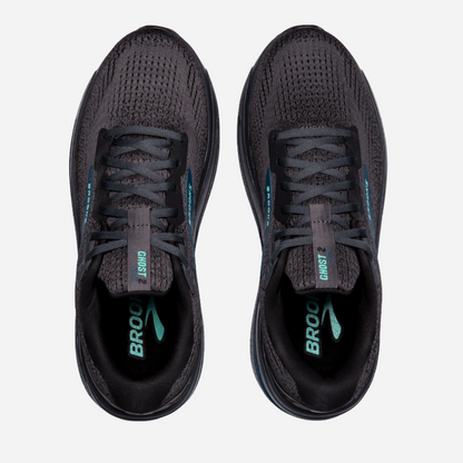 Pair of black running shoes with visible 'Brooks' branding on a light gray background