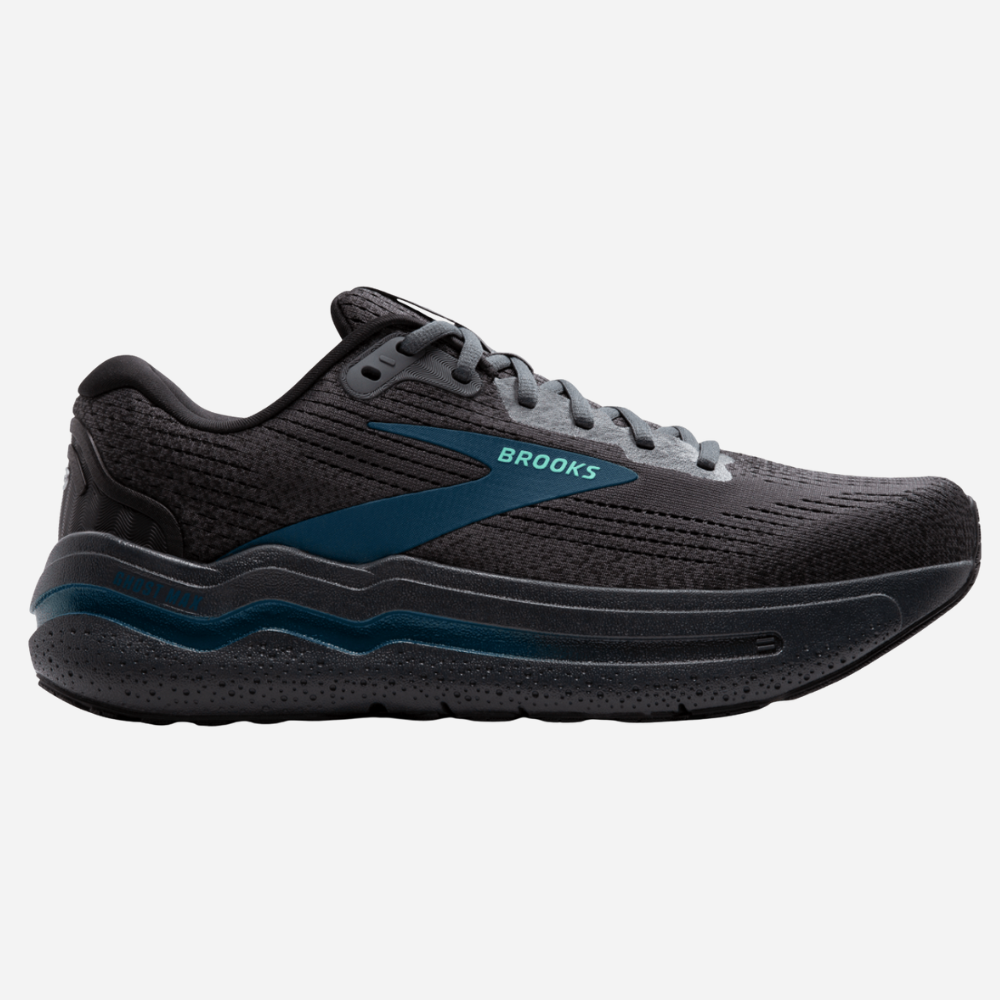 Black running shoe with blue accents on a white background
