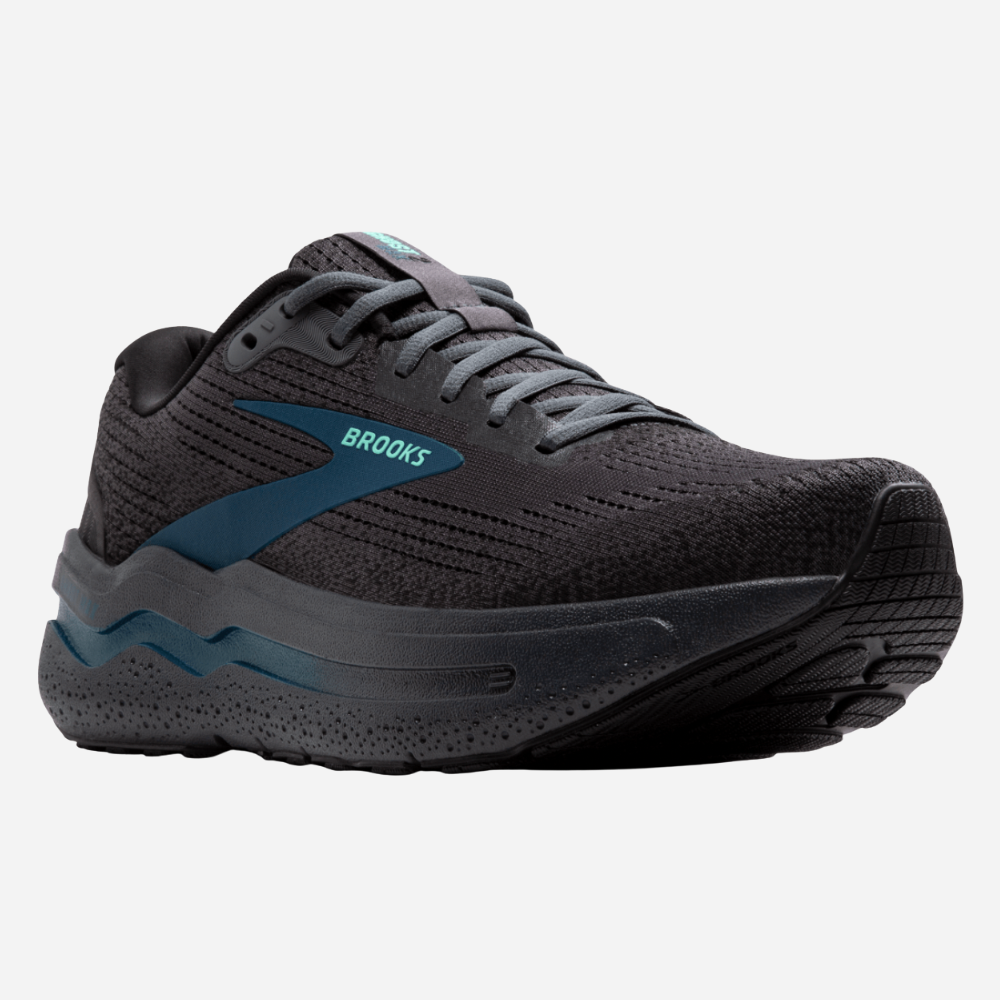 Black running shoe with blue accents on a white background