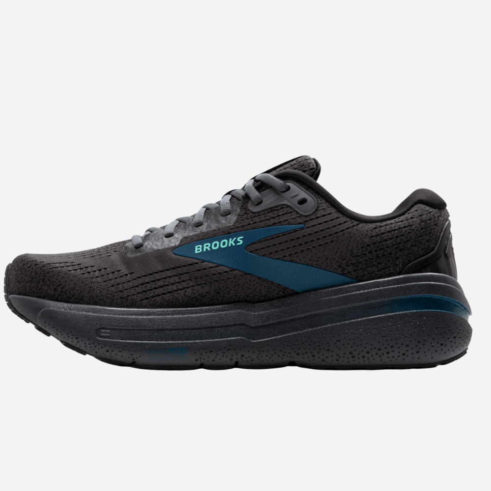 Black running shoe with blue accents on a white background