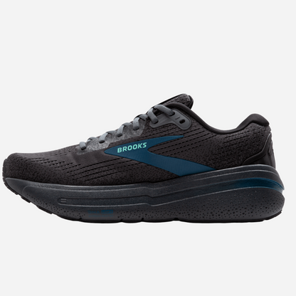 Black running shoe with blue accents on a white background