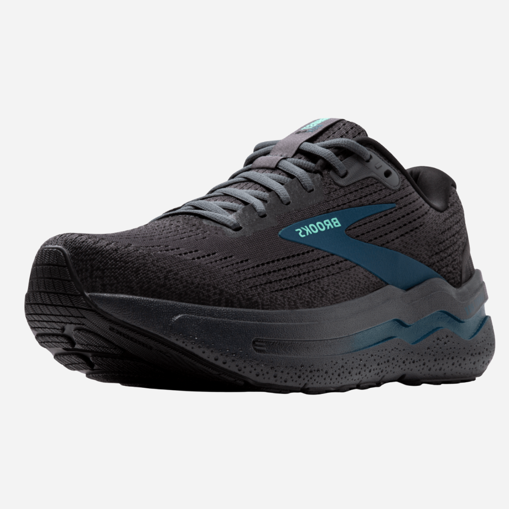 Black running shoe with blue accents on a white background