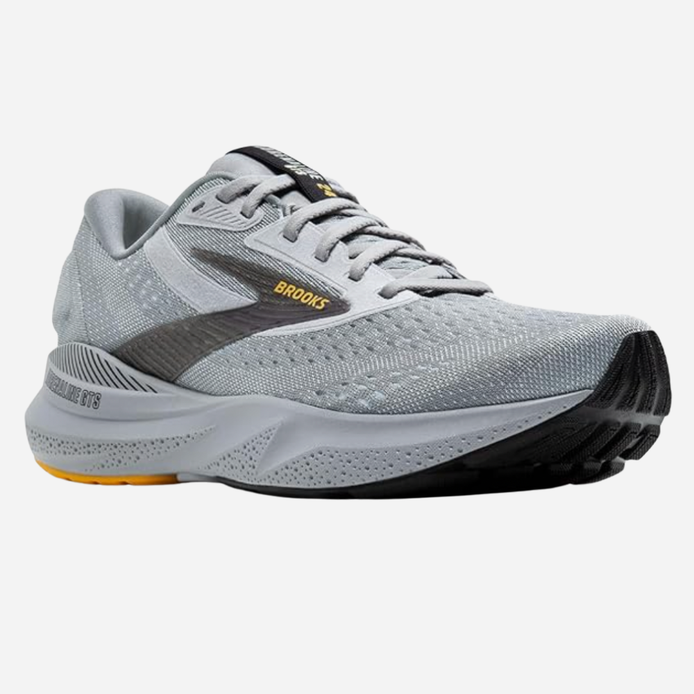 Gray running shoe with 'Brooks' branding on a white background