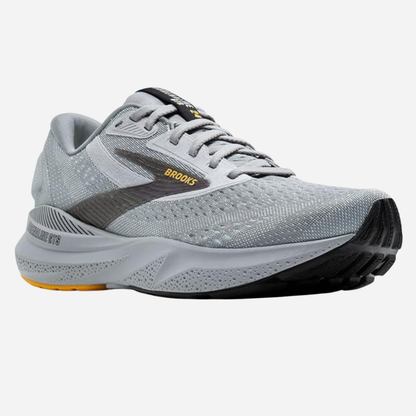 Gray running shoe with 'Brooks' branding on a white background