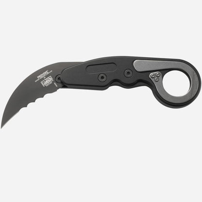 Black folding knife with a karambit blade on a white background