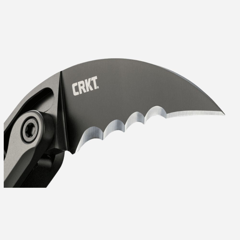 Folding knife with a black blade and silver handle on a white background, featuring the CRKT logo.