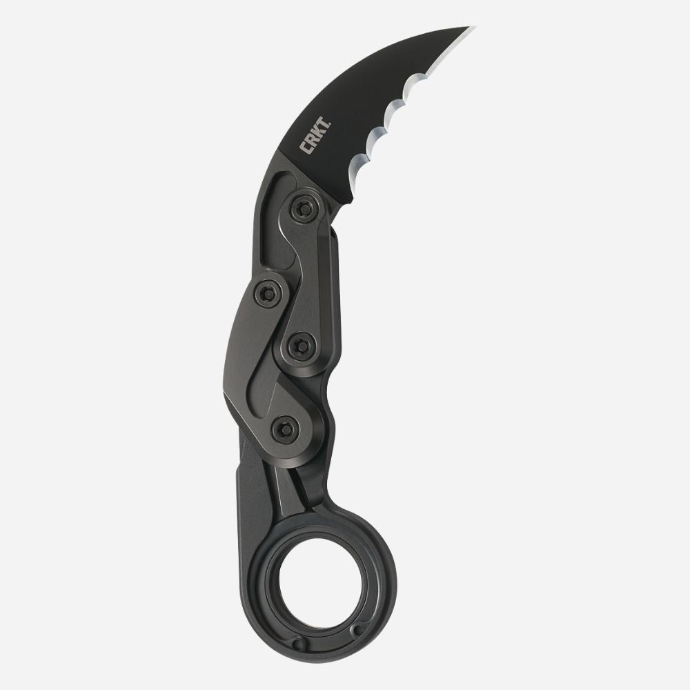 Black folding knife with a serrated blade on a white background