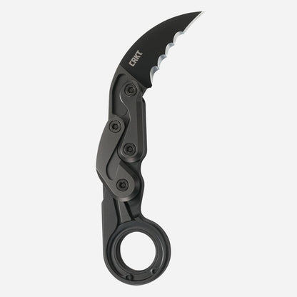 Black folding knife with a serrated blade on a white background