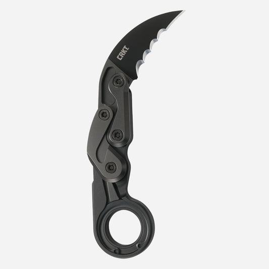 Black folding knife with a serrated blade on a white background