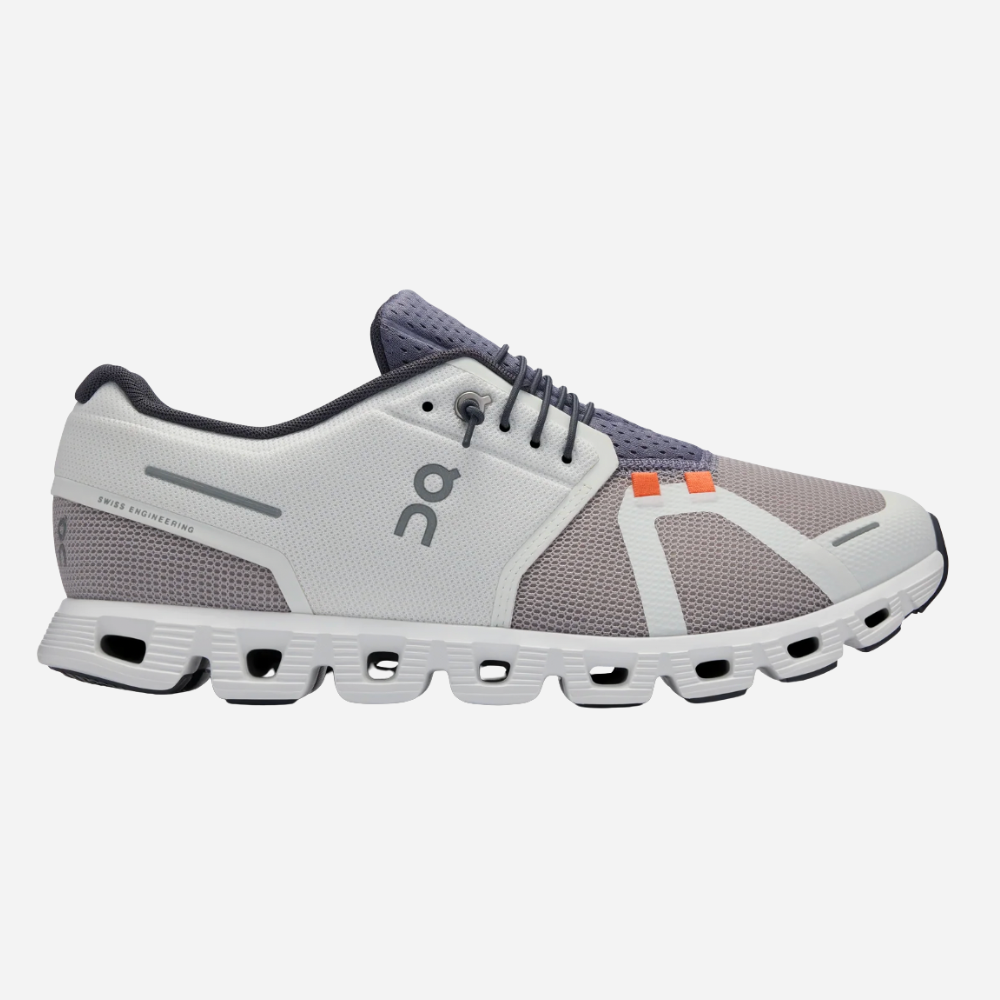 Gray running shoe with unique sole design on a white background