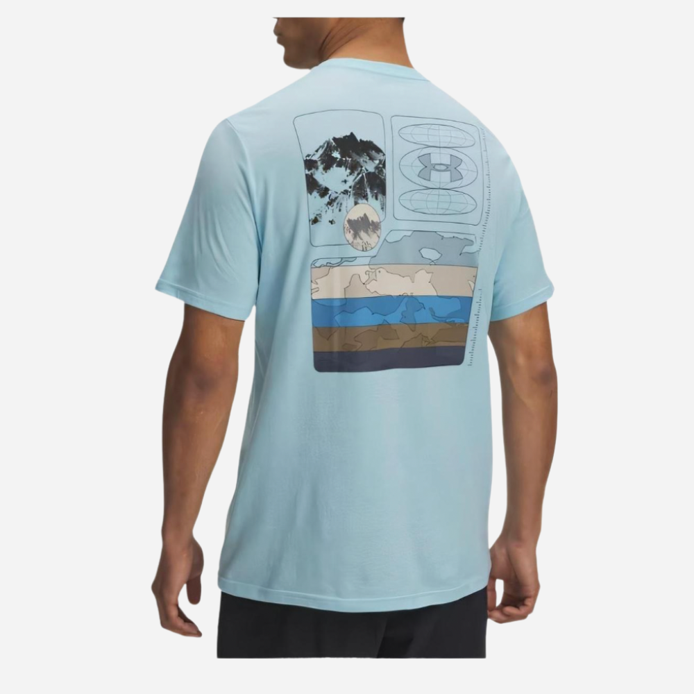 Light blue t-shirt with a graphic design on the back worn by a person