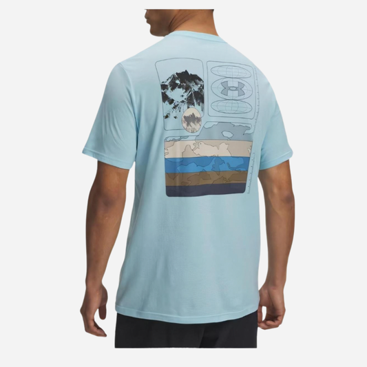 Light blue t-shirt with a graphic design on the back worn by a person