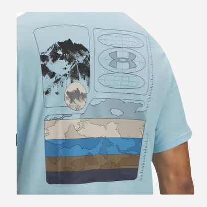 Light blue t-shirt with mountain and logo design on a white background