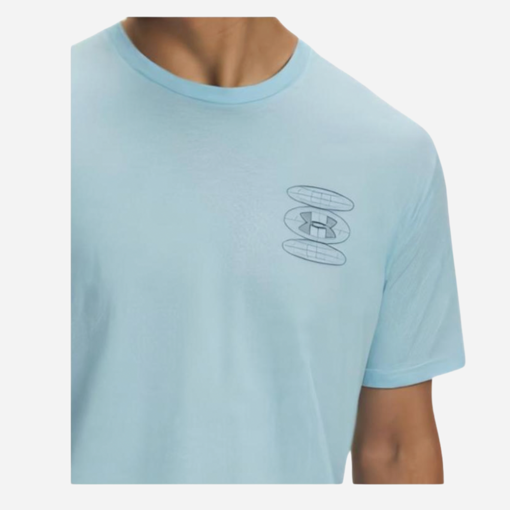 Light blue t-shirt with a logo on the chest against a white background