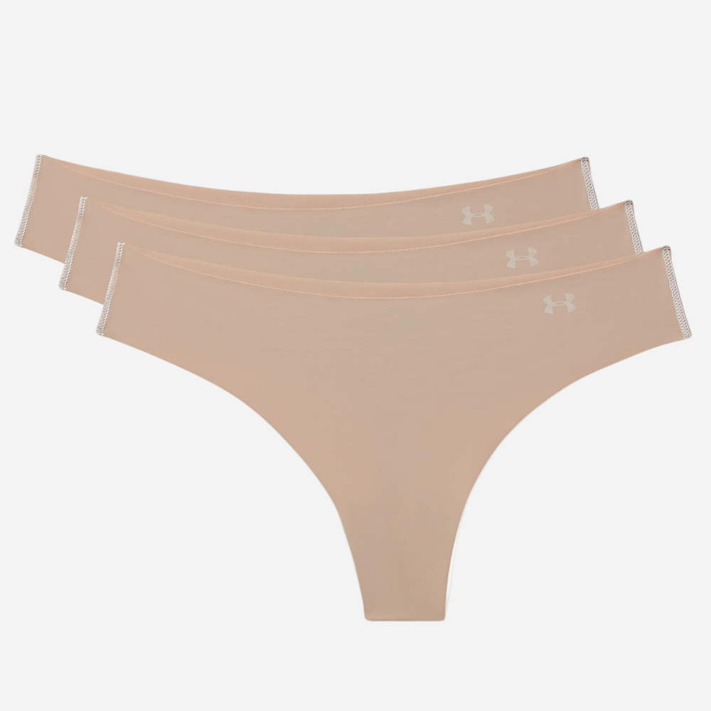 Three pairs of beige Under Armour women's underwear on a white background