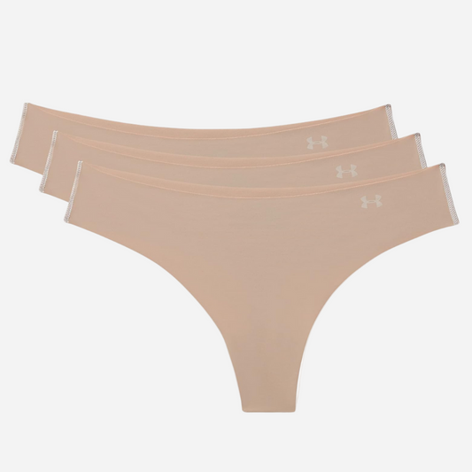 Three pairs of beige Under Armour women's underwear on a white background