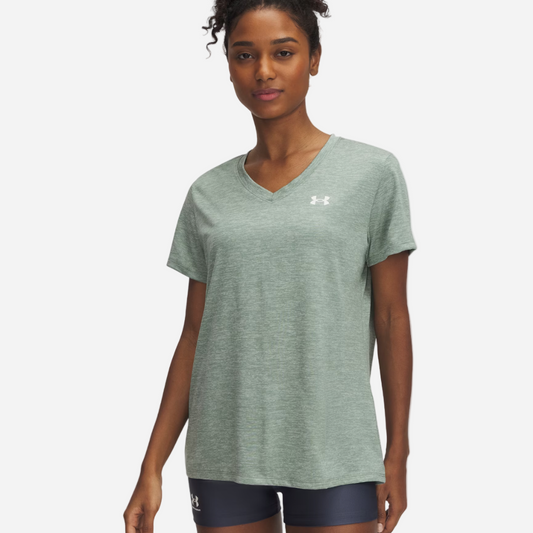 UA Women's Tech Twist V-Neck Short Sleeve Tee - Silica Green