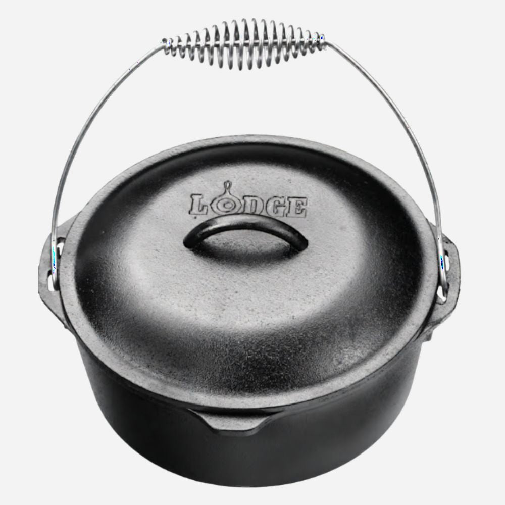 A black cast iron Dutch oven pot with a matching lid, featuring a silver metal wire handle and the embossed brand name 'LODGE' on the lid, set against a plain light gray background.