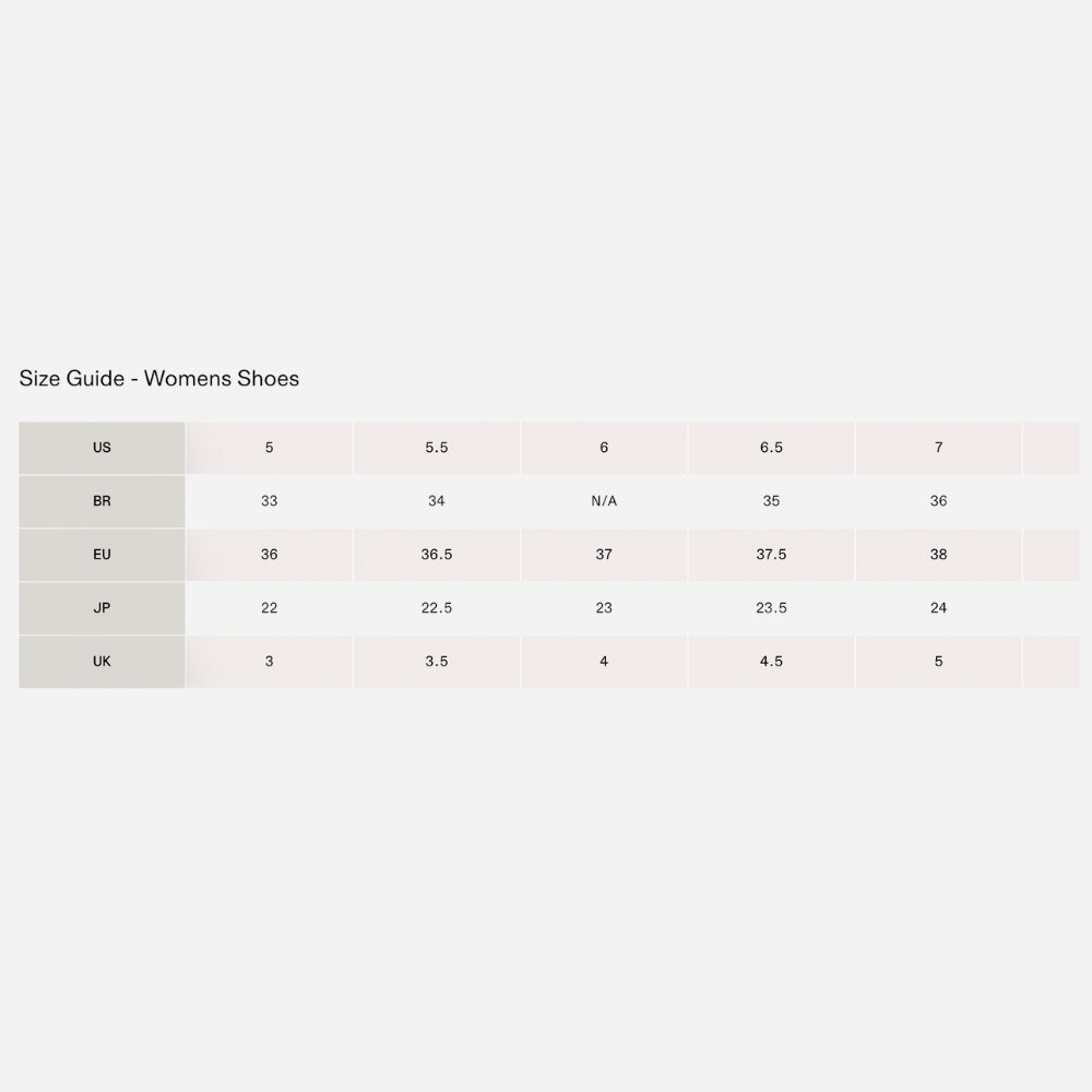 Size guide for women's shoes across different measurement systems on a light background.