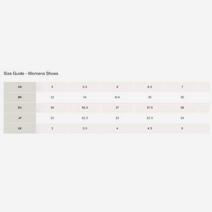Size guide for women's shoes across different measurement systems on a light background.