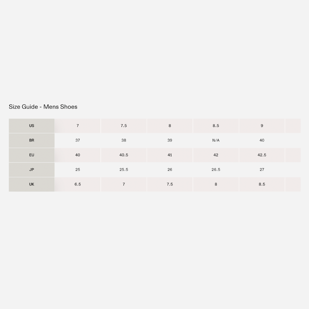 Mens shoe size guide with various measurement systems on a light pink background