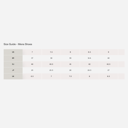 Mens shoe size guide with various measurement systems on a light pink background
